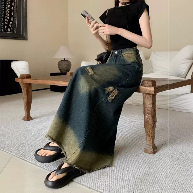 American-style Rip Denim Skirt Women's Summer plus size chubby girl Slim A- line Hip Skirt One-step Skirt Long Skirt American-style Rip Denim Skirt Women's Summer plus size chubby girl Slim A- line Hip Skirt One-step Skirt Long Skirt