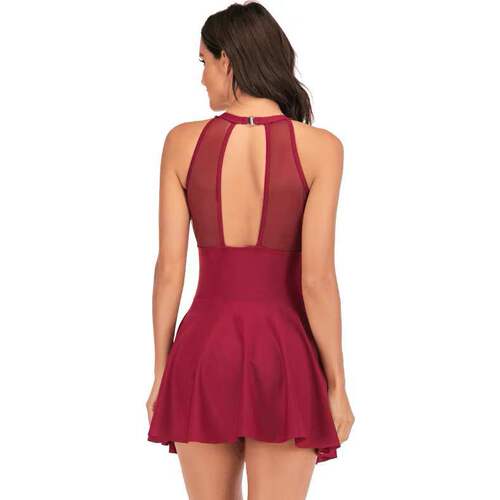  New European and American One-piece Conservative Skirt Bikini Solid Color Lace Mesh Splicing Large Size Swimsuit for Women