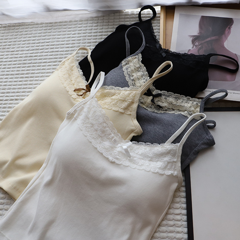 98g Weight Cotton, Spandex Fabric Type Short Top Length Camisole Tops Type Holiday, Daily Occasion Strap Neckline Slim Fit Type Solid Color Pattern Summer, Spring Season Women's Gender Lace Design Casual, Elegant Style Wholesale Women's Casual Elegant Solid Color Lace Tank Tops 1