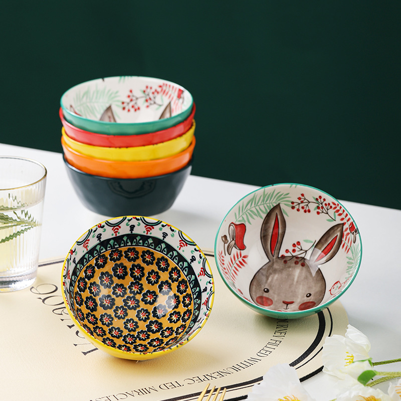 Tazón de Cerámica con Diseño de Animales del Bosque, 4.75 Pulgadas, con Patrón de Piedra, Lindo Tazón para Arroz, Vajilla para el Hogar, Tazón Pequeño, Adorable Conejo de Orejas Largas.