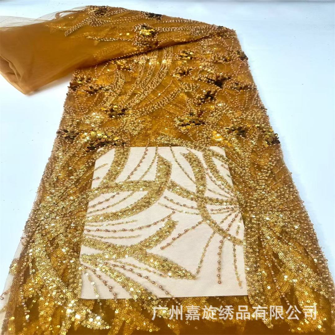 Nuevo transfronterizo de color sólido africano Xiaomi perlas rayas sequela bordado tubo de perlas encaje posicionamiento flor vestido de boda tela image 3