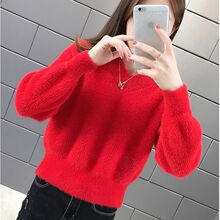 水貂绒短款小毛衣套头新款女装加厚宽松V领女秋冬针织打底衫上衣