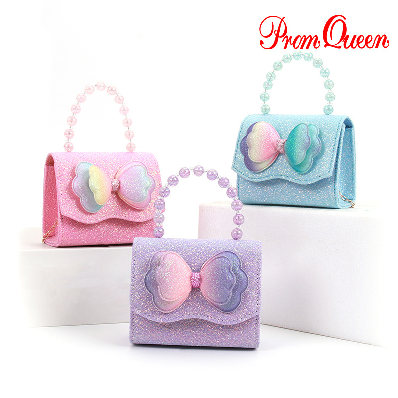 Children's Shoulder Bag for Girls, Daily and Evening Occasions, Beaded Handbag, Mini Bow Princess Bag, Crossbody, Lightweight