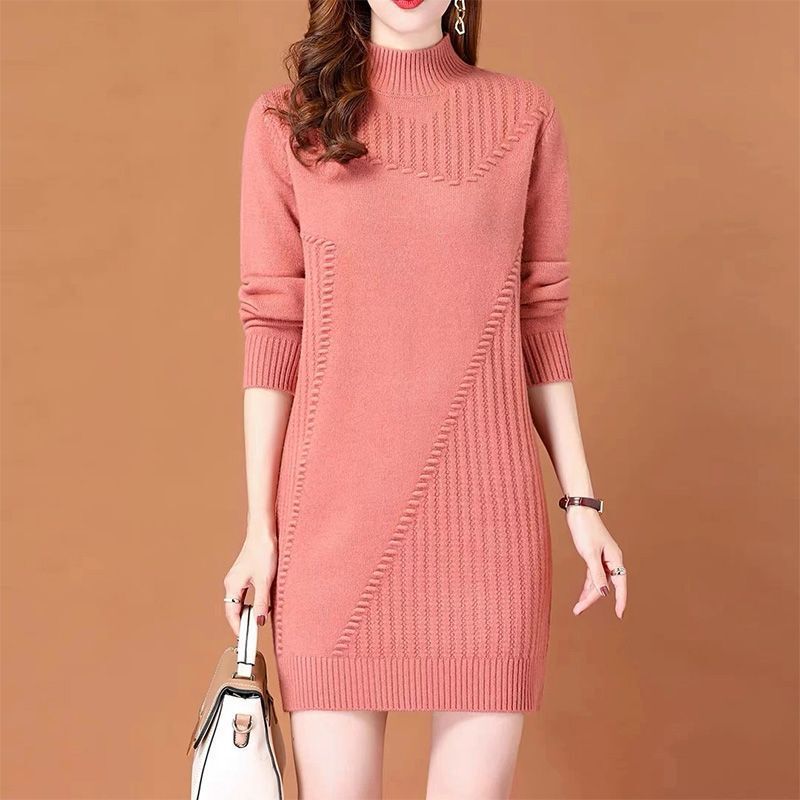 Autumn and Winter New Long-Sleeved Half Turtleneck Mid-Length Sweater Bottoming Shirt Pure Color Versatile Slimming Look Knitted Dress for Women