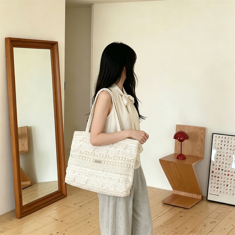 56281 Summer Casual Vacation Shoulder Bag Fairy Lace Canvas Bag Large Capacity Tote Bag Cut Out Beach Bag