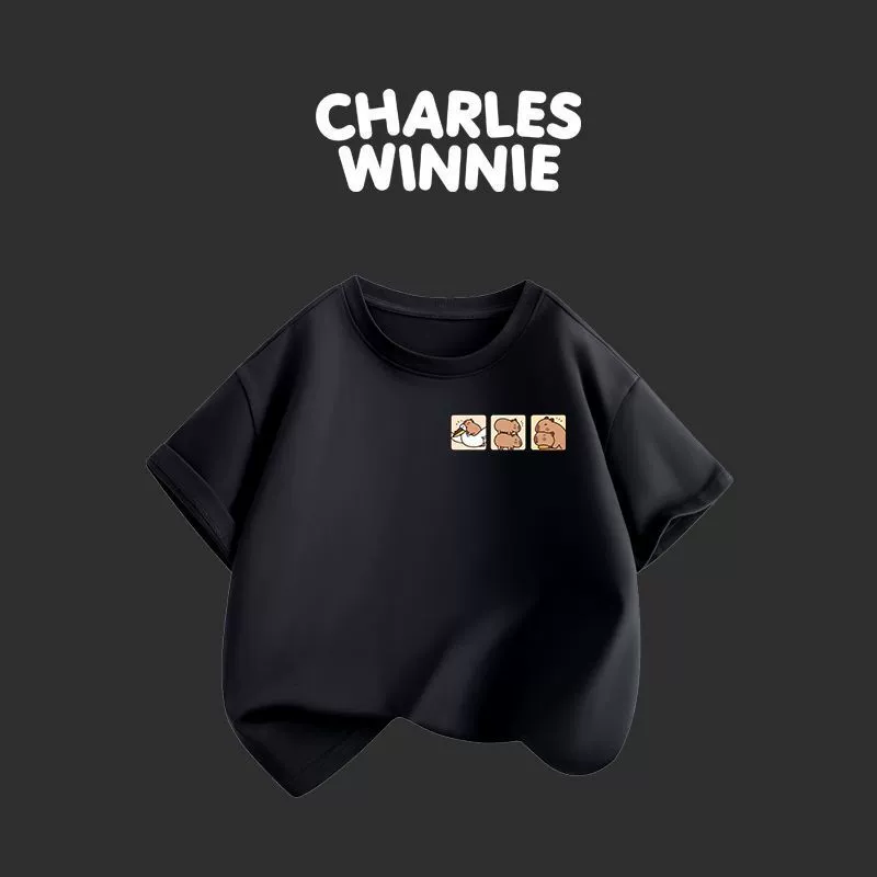 Cross-border ca three 9 upper right middle and large children pure cotton children's short-sleeved 2025 new summer boys and girls round neck children's clothing