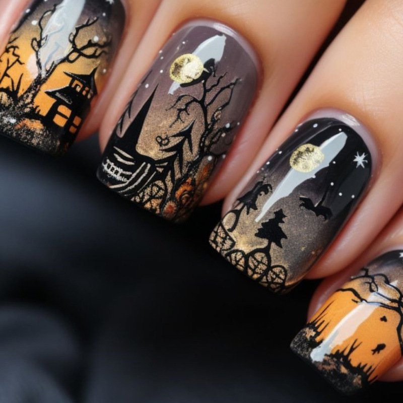 Halloween Short Nails Cool Dark Forest Castle Design Wearable Manicure Finished Press on Nails
