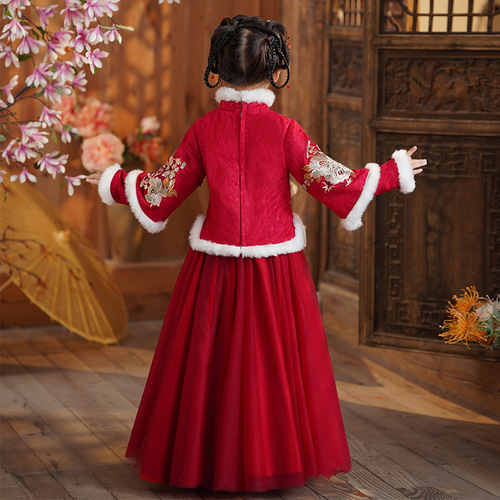 Girls Chinese New Year chinese princess winter Hanfu for children, ancient qipao with plush, winter Tang suit for kids