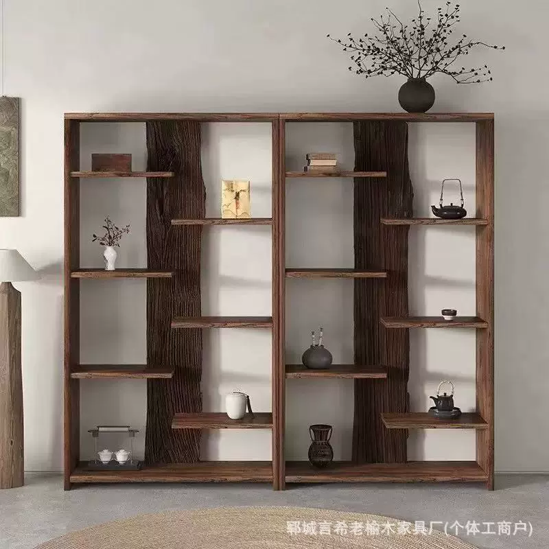 侘寂风老榆木实木博古架书房客厅格子瓷器茶具展示架复古多层木架
