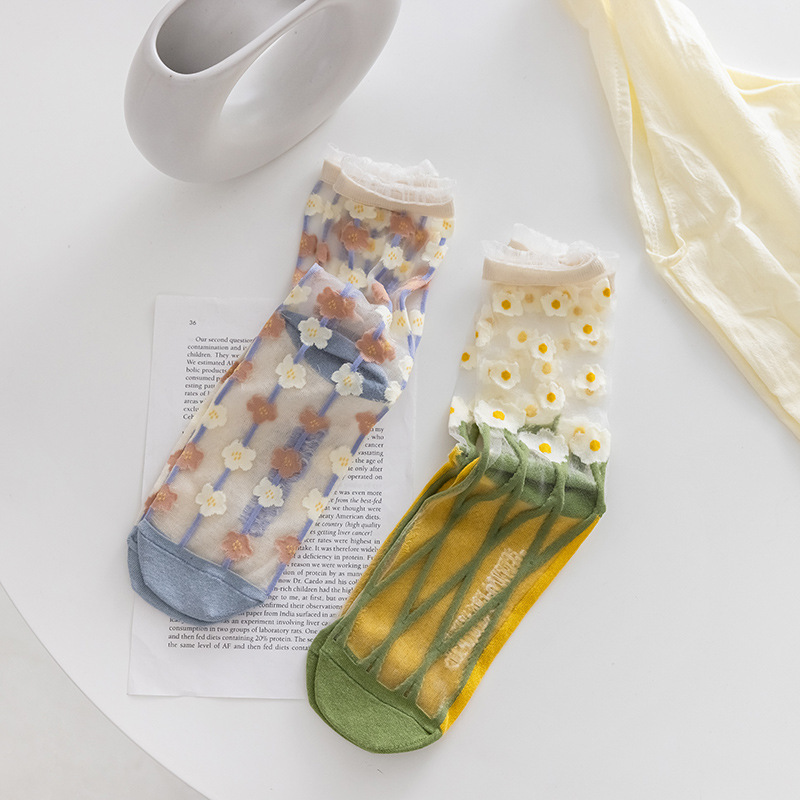 Socks women's mid-calf length socks summer thin khaki stockings glass silk stockings Japanese summer breathable cotton bottom long ins fashion