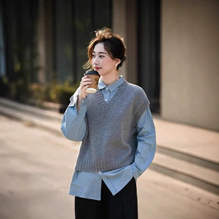 纯羊毛马甲针织背心女V领2025新款宽松外穿百搭纯色叠穿毛衣坎肩