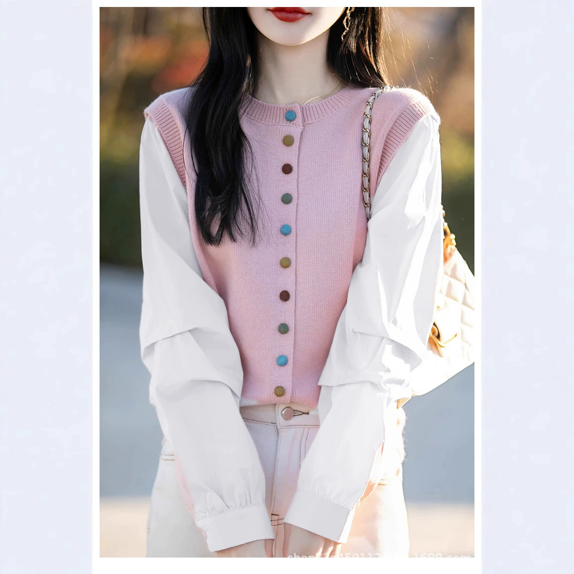 2025 Весенний и Осенний шитье с круглым вырезом поддельные два кардигана женская повседневная дикая цветная пуговица