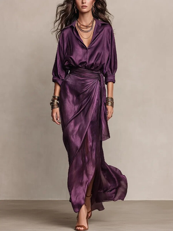 2026 European and American women's clothing Amazon ins dark purple satin shirt collar tie-waist wrap long-sleeve dress 2026 European and American women's clothing Amazon ins dark purple satin shirt collar tie-waist wrap long-sleeve dress