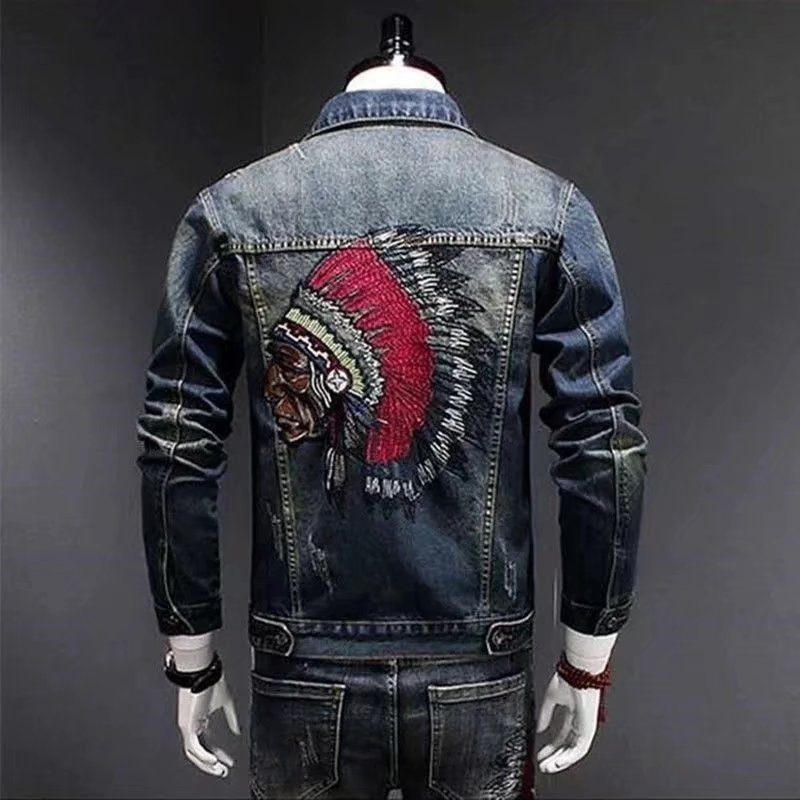 Estación europea marca de moda bordado Denim abrigo hombres Slim stretch moda chaqueta primavera motocicleta todo-juego ropa superior