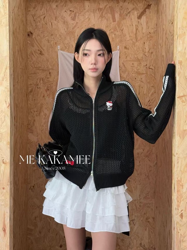 ME KAKAMEE十三行秋潮流卡通KT镂空半高领拉链短款保暖毛衣女6001|undefined