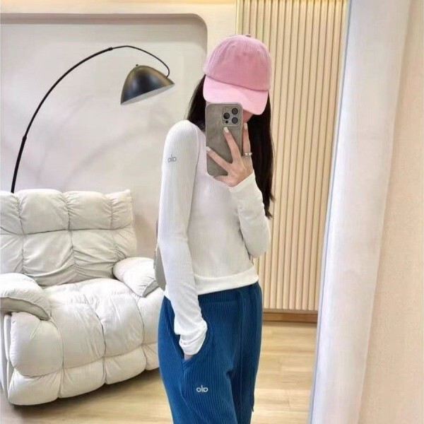 In-Stock Alo Cotton Long-Sleeve Ribbed Base Shirt T-Shirt for Women, Spring and Autumn Sports Quick-Dry Fitness Training Yoga Top