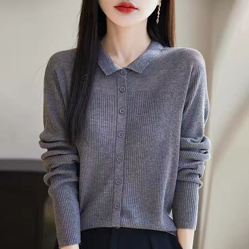 New spring and summer women's collared shirt, fine wool knit top, elegant long-sleeve polo collar cardigan wholesale New spring and summer women's collared shirt, fine wool knit top, elegant long-sleeve polo collar cardigan wholesale