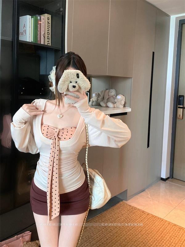 纯欲风波点绑带抹胸背心叠穿长袖T恤女秋季套装包臀半身裙三件套|undefined