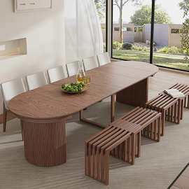 全实木伸缩餐桌长方形3米高端民宿酒店别墅 中古风椭圆形10人饭桌