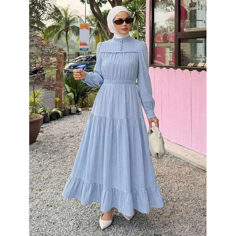 Amazon cross-border European goods autumn new casual vacation style solid color pleated long-sleeve stand-collar long dress for women Amazon cross-border European goods autumn new casual vacation style solid color pleated long-sleeve stand-collar long dress for women