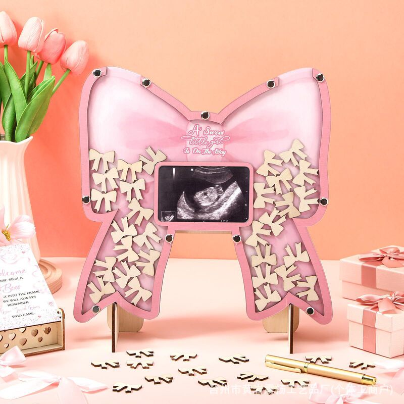New Baby Party Themed Wooden Photo Frame with Bow Design, Baby Christening Tabletop Sign-In Message Commemorative Ornament New Baby Party Themed Wooden Photo Frame with Bow Design, Baby Christening Tabletop Sign-In Message Commemorative Ornament