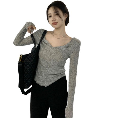 Korean Pure Desire Lazy V-Neck Slimming T-shirt Women's Top Casual Long Sleeve T-shirt