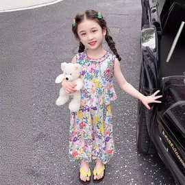 女童棉绸套装2024夏季薄款衣服女宝宝碎花无袖背心阔腿裤两件套潮