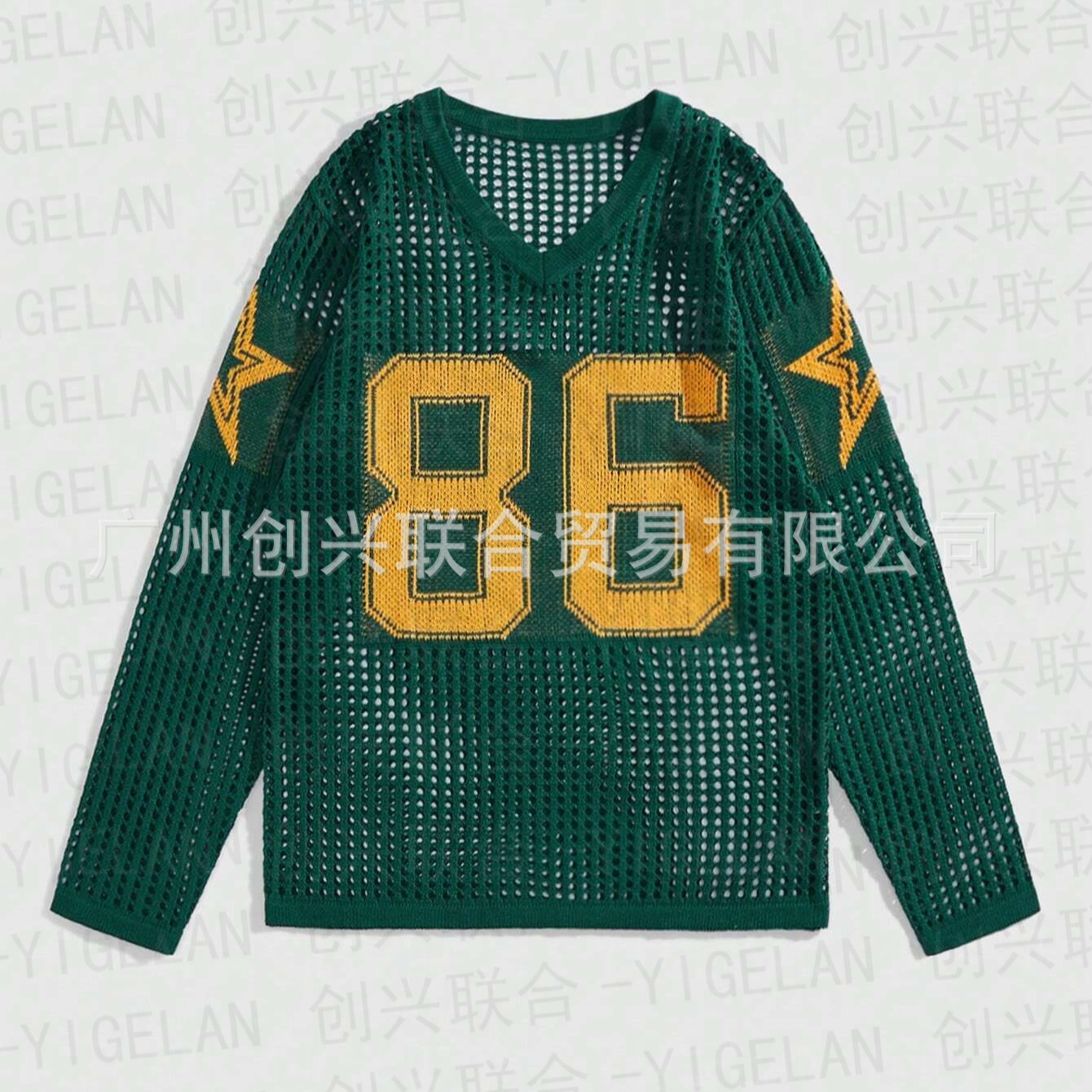 欧美新款镂空设计86号球衣数字星星宽松套头针织罩衫圆领春夏季毛
