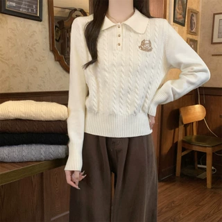 韩版polo领麻花减龄刺绣针织衫长袖女秋季休闲收腰百搭毛衣上衣
