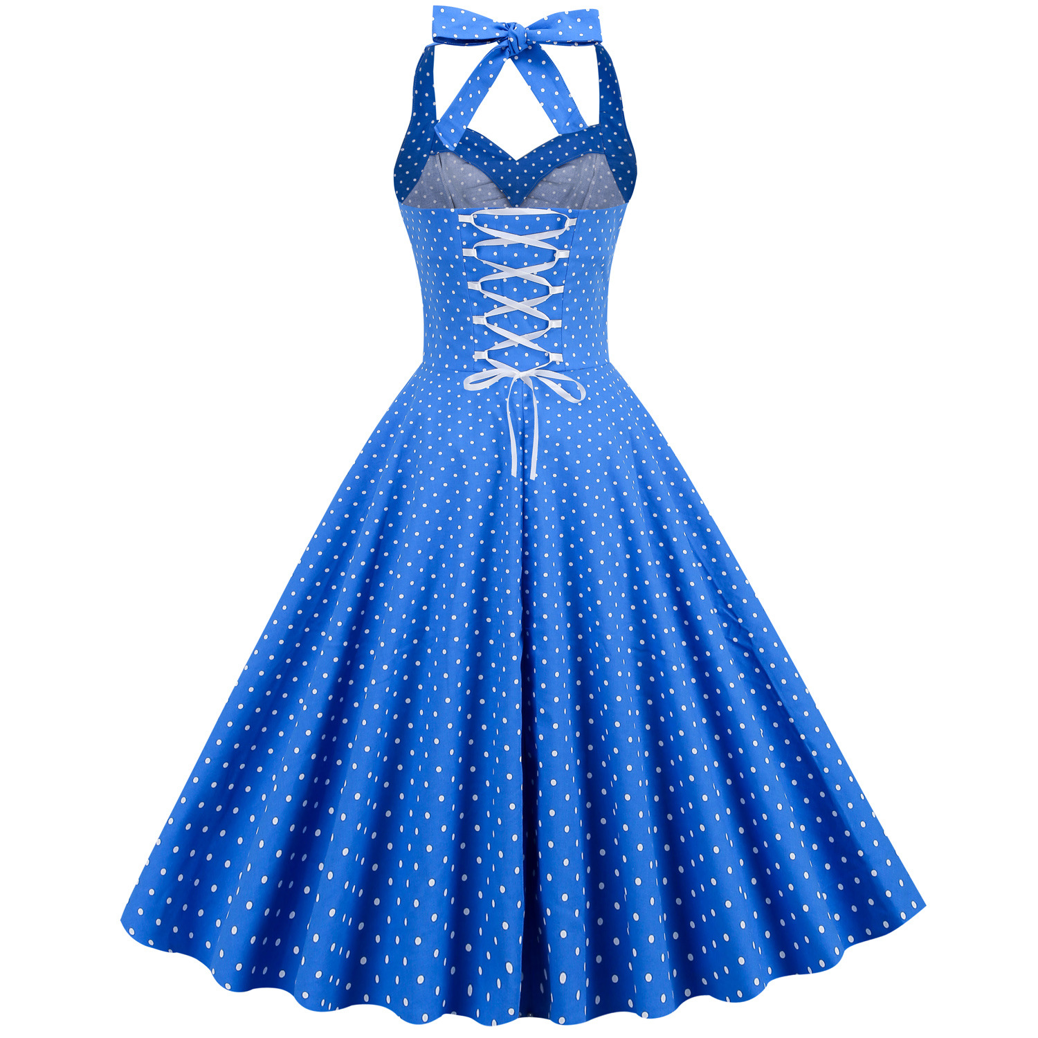 Robe vintage style Hepburn, taille haute cintrée, imprimée, col halter, dos nu, jupe ample_voghion.com