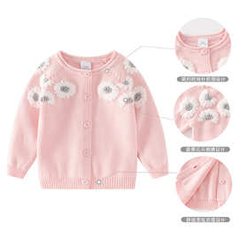 秋冬儿童毛线衣洋气新款外套手工刺绣针织宝宝开衫外套婴幼儿毛衣