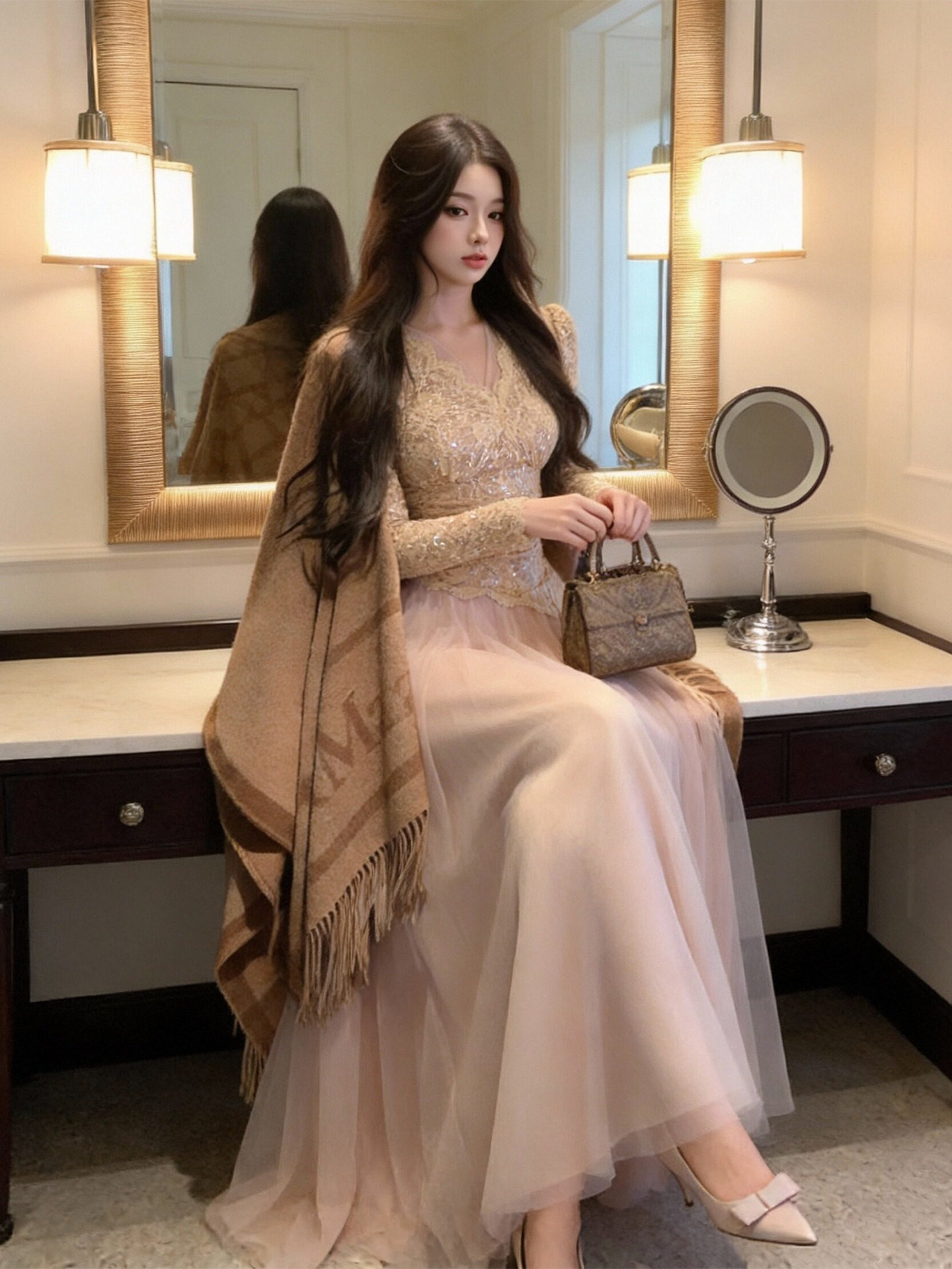 Đầm maxi nữ cổ V ren thắt eo xòe lưới phong cách Pháp — màu hồng