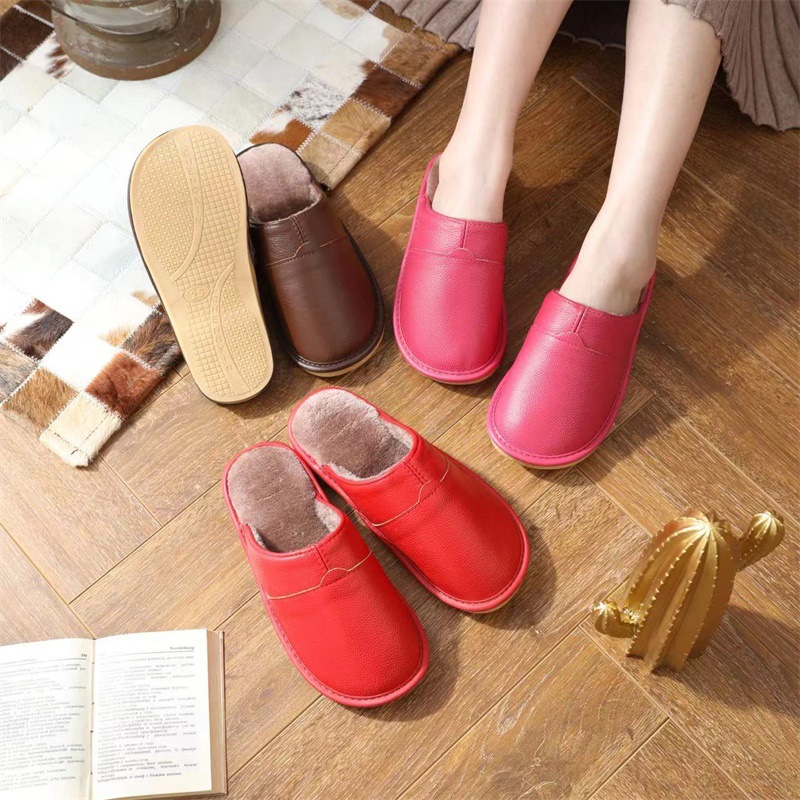 【 Top layer cowhide 】 Genuine leather home leather slippers for men and women, anti slip, winter gift giving, warm cotton slippers