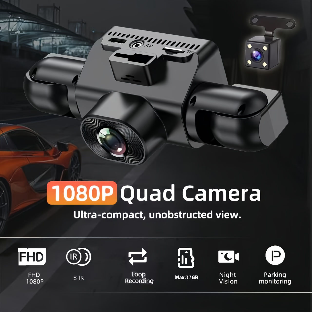 Four-lens 1080P dashcam with WiFi connectivity 2inch screen loop recording car panoramic recorder