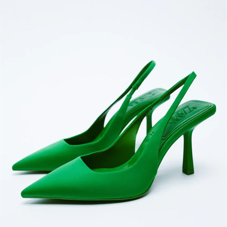Spring 2022 New Pointed Fine Heeled Mid-Heeled Shoes Rear Empty Heeled Sandals High Heeled Shoes Green Women's Shoes