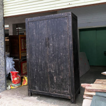 侘寂风衣柜中古黑漆实木衣柜出口美式做旧老榆木仿古大储物柜复古