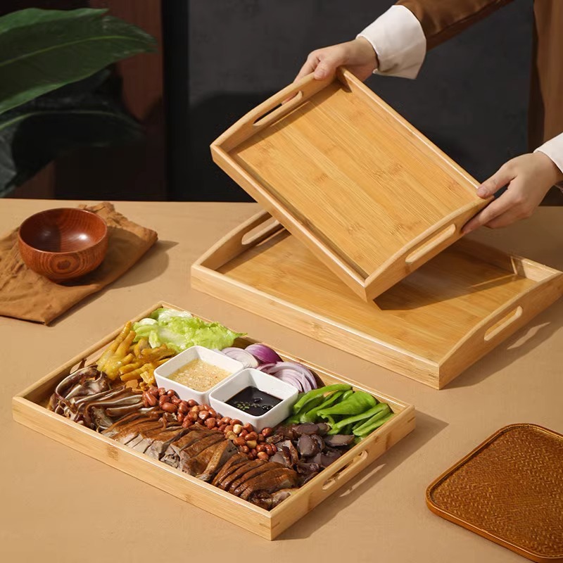 Bamboo Lamb Chop Plate, Snack Barbecue Tray, Rectangular Hotel Commercial Handle Storage Tea Tray, Hand-Held Meat