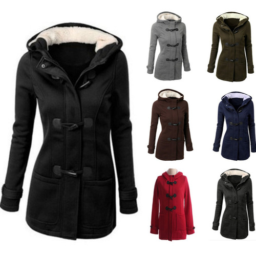2024 Autumn/Winter Long-Length Coat with Leather Edge and Horn Buttons, Hooded Jacket Sweater, Cotton Warm Coat, Plus Size Women's Cross-Border Bestseller