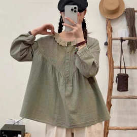 秋季新款森系格子蕾丝花边领宽松套头长袖衬衫娃娃领减龄百搭衬衣