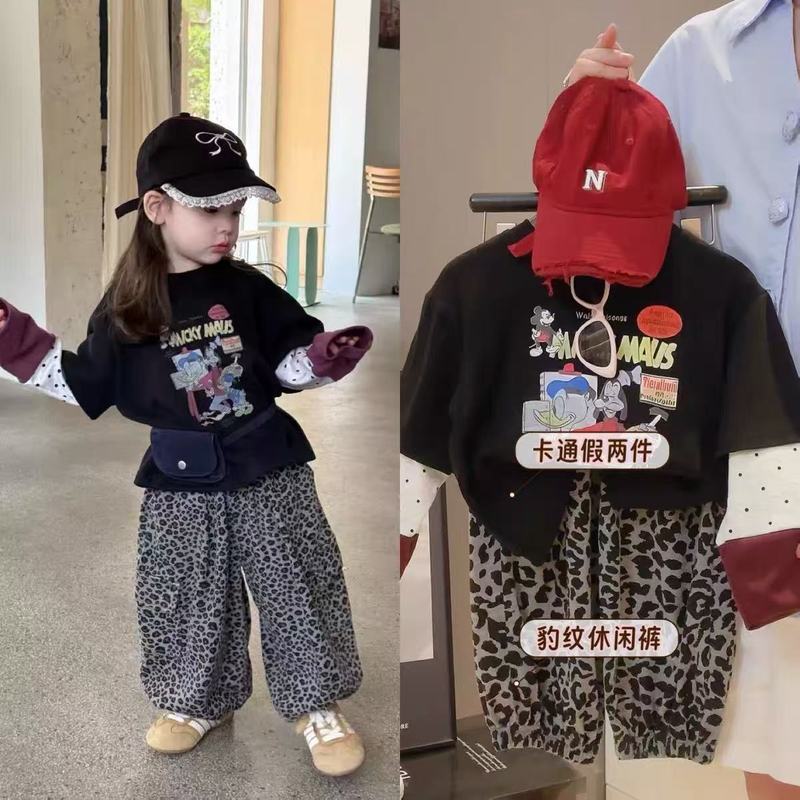 女童韩版套装春秋季新款儿童宝宝洋气拼色假两件上衣豹纹裤31016|undefined