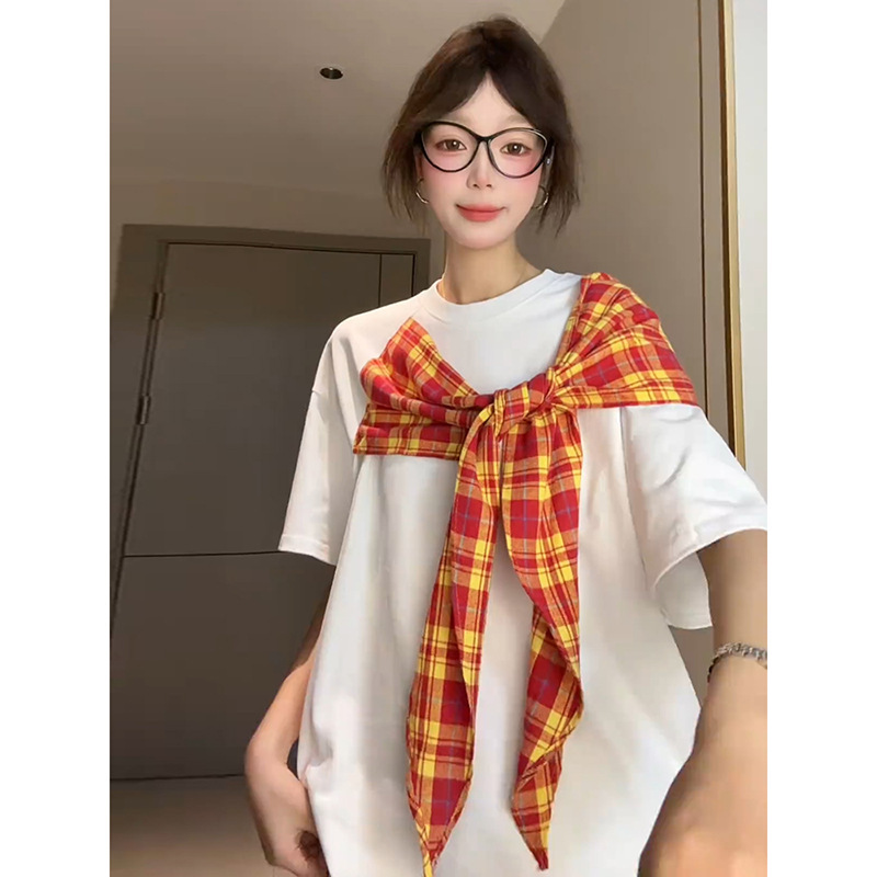 美式复古格纹蝴蝶结短袖T恤女夏季设计感小众宽松慵懒风半袖上衣|undefined