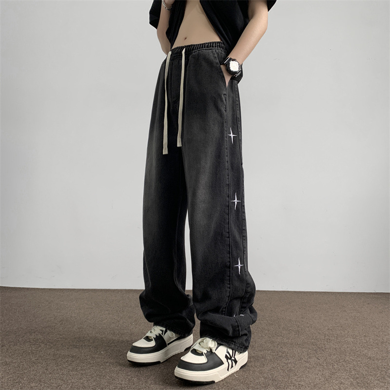 2025 New Star Embroidery Jeans Men's Trendy American High Street Vintage Distressed Wide-Leg Long Pants
