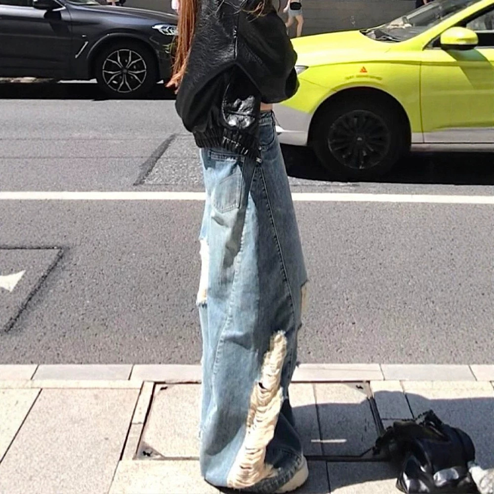 Women's Sexy Loose Fitting Relaxed Fit Denim Jeans American Style Retro Distressed Ripped Floor Length Pants New Spring_mkmklike.com