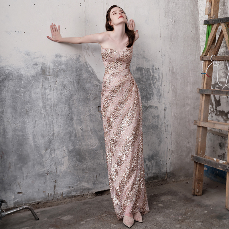Elegant French Style Light Luxury Sequined Strapless Evening Gown Sophisticated Mermaid Style Engagement Dress for Women Hostess Banquet Toast_ecoleips.com