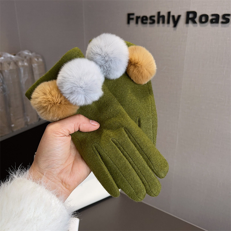 Gants en laine à cinq doigts pour femmes en laine à boules de poils, nouveaux modèles d'automne et d'hiver en cachemire à écran tactile, empilés et épaissis_voghion.com
