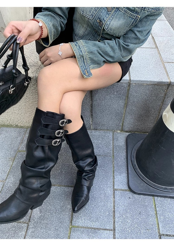 小众设计可拆卸靴套两穿靴子2025年新款复古皮带扣尖头长筒靴女款|undefined
