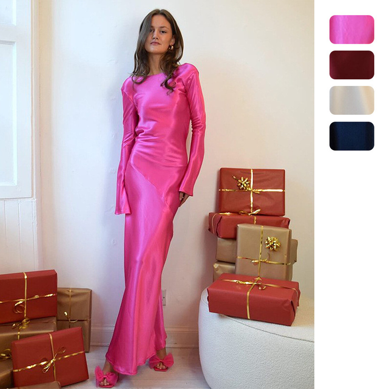 Independent station Europe and the United States new elegant temperament solid color backless satin high split horn sleeve long sleeve dress 8092
