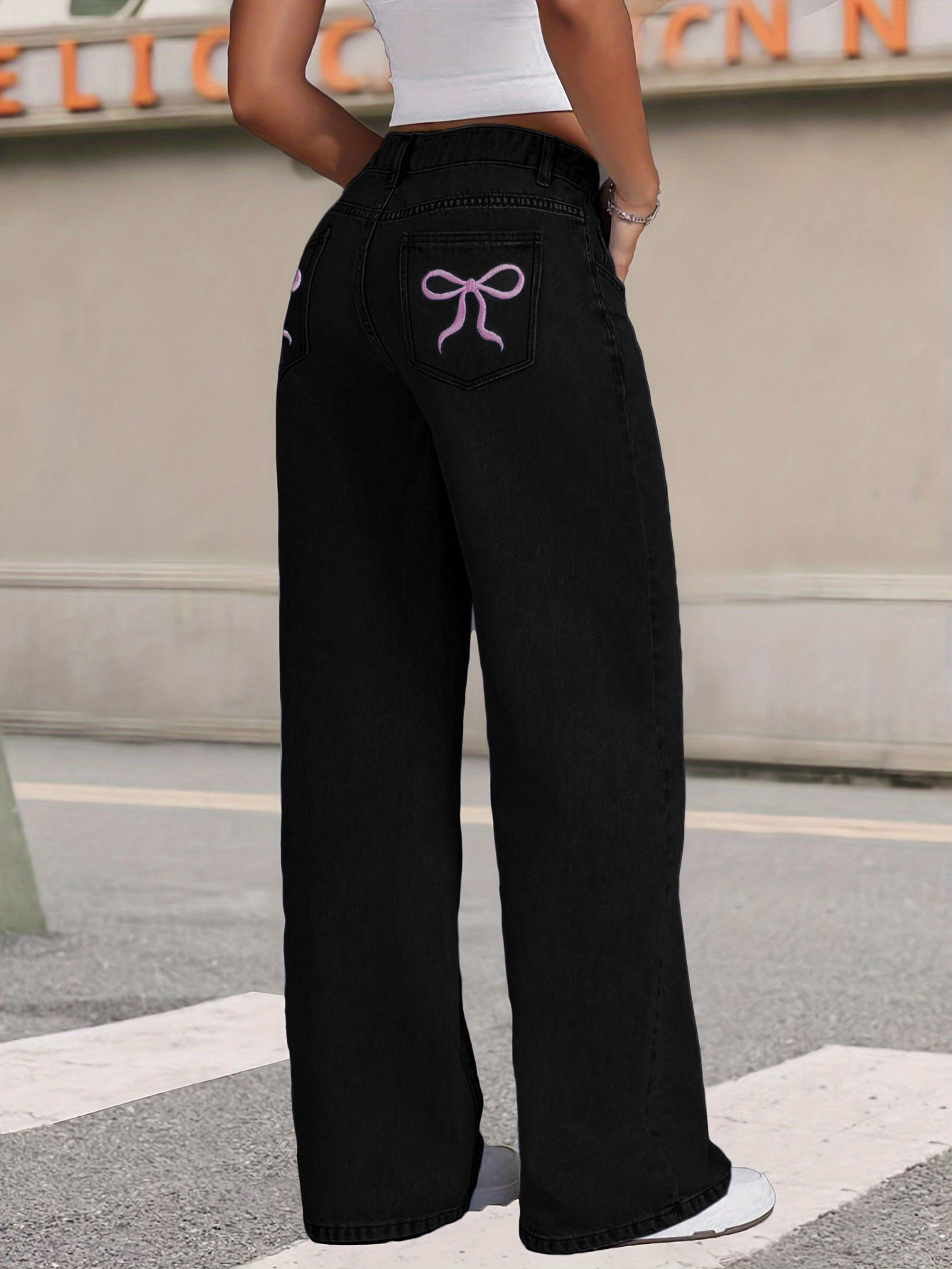 Women's Clothing High Waisted, Bow Tie Patchwork Wide Leg Jeans For Women, Y2K Style, Loose Fit._ecoleips.com