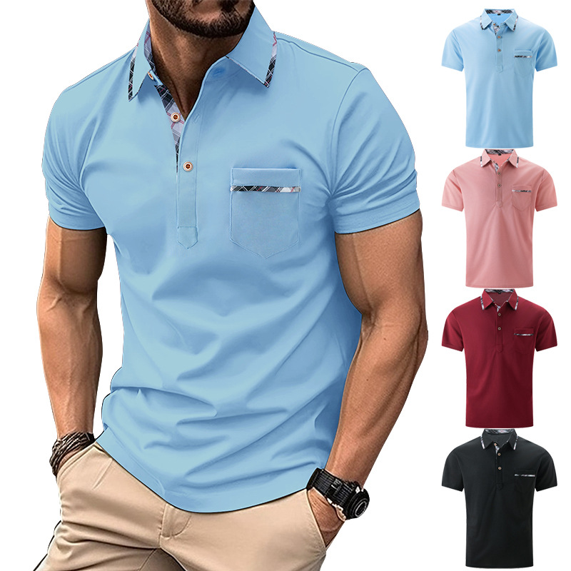 2024 summer European and American men's short sleeve lapel T-shirt foreign trade men's POLO shirt cross-border top plaid Polos men