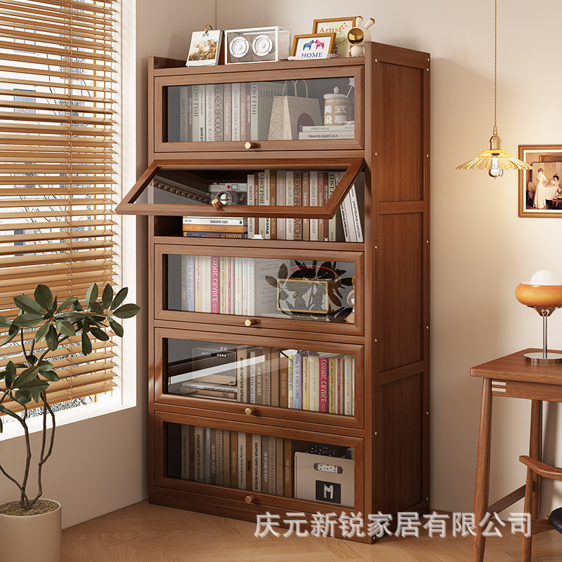 Bookshelf Rack Floor-Standing Simple Household Bookcase with Door Dust-Proof Storage Cabinet Living Room Storage Shelf Integrated Against the Wall